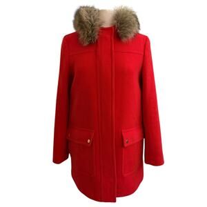 J. Crew Red Wool Blend Long Red Patka Coat Fur Hood Sz 8 Winter Statement chic